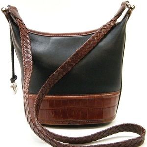 BRIGHTON Small Black Brown Leather Bucket Handbag